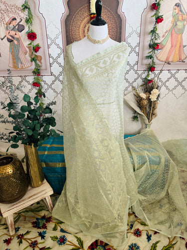 Masterpiece Authentic Dhakai Jamdani Muslin Saree from Bangladesh | Handwoven | Light Sage Green | Ships from California